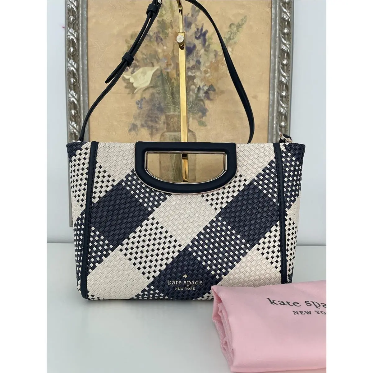 Alexia Gingham Straw/leather Blazer Blue Shoulder Habdbag by Kate Spade