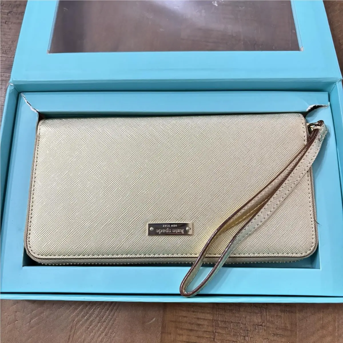 Kate Spade New York Women’s Metallic Gold Saffiano Leather Zip Logo Wristlet