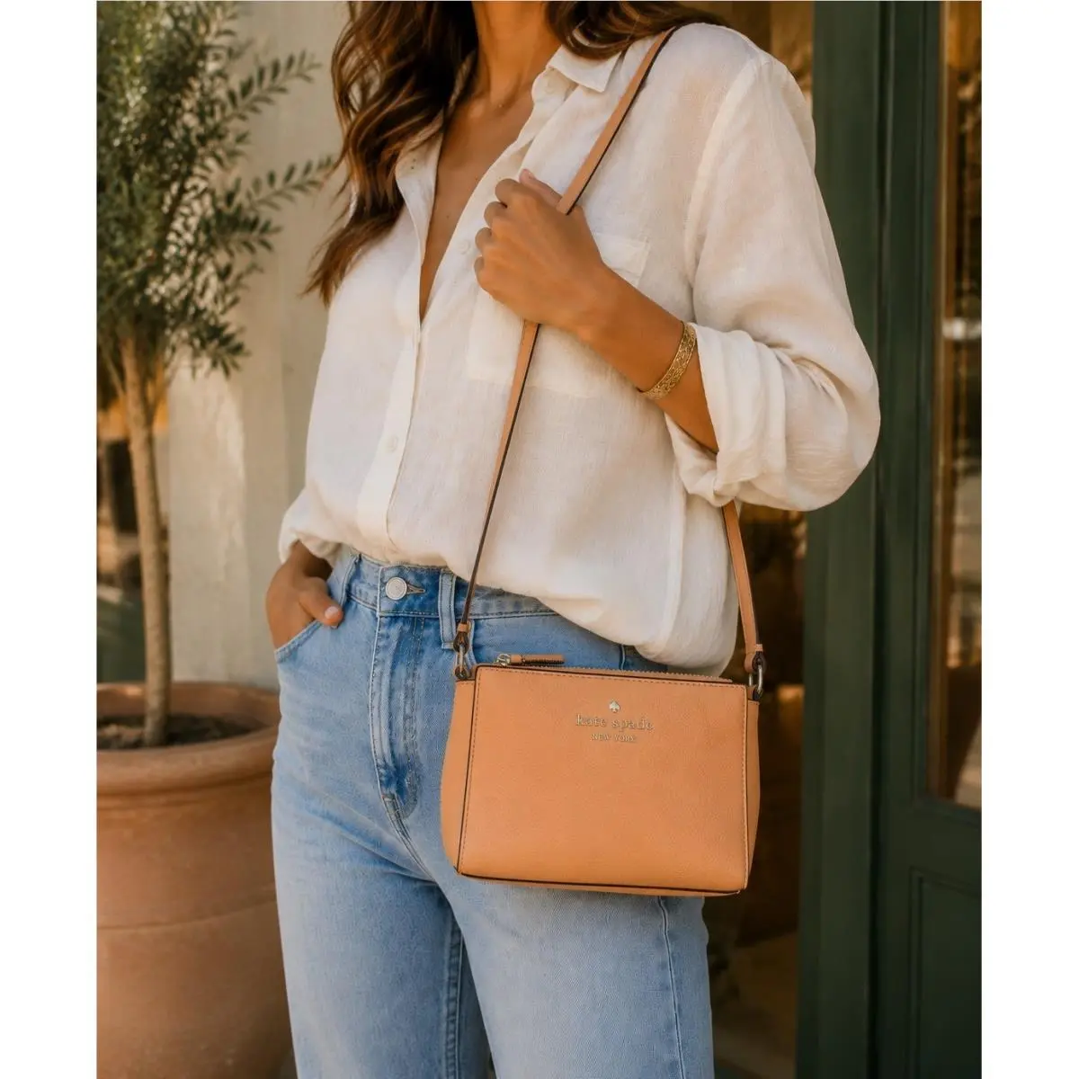 Leila Mini Top Zip Crossbody Bag Orange Cream Pebbled Leather New by Kate Spade