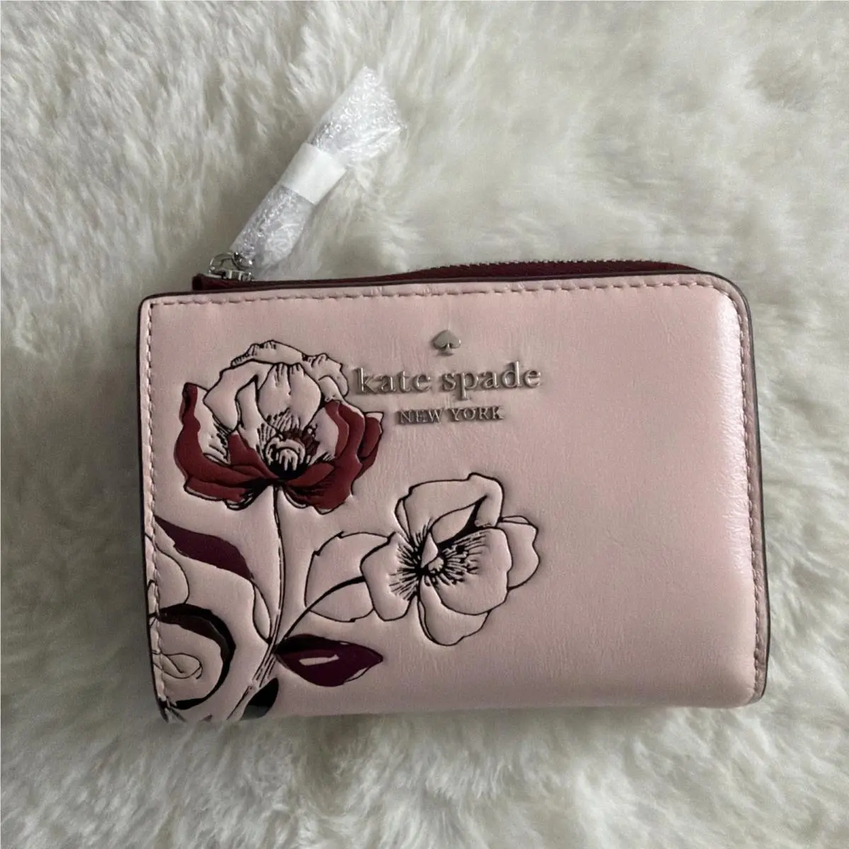 Small L Zip Floral Embossed Leather Wallet Rose Smoke by Kate Spade