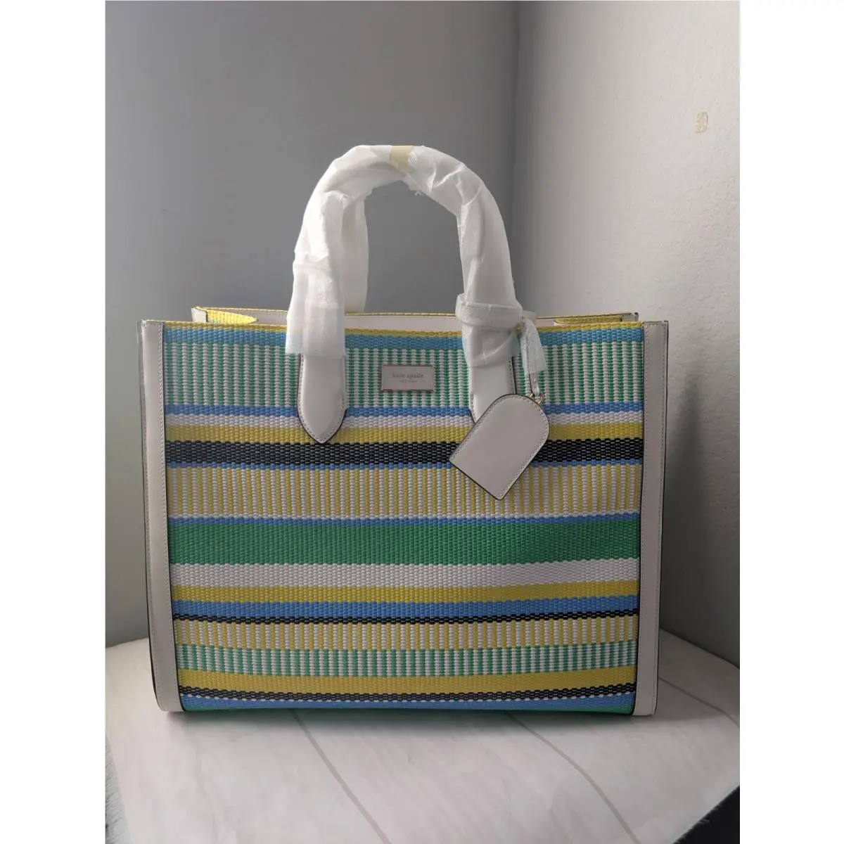 KH026 Manhattan Striped Woven Straw Large Tote In Green Multi by Kate Spade