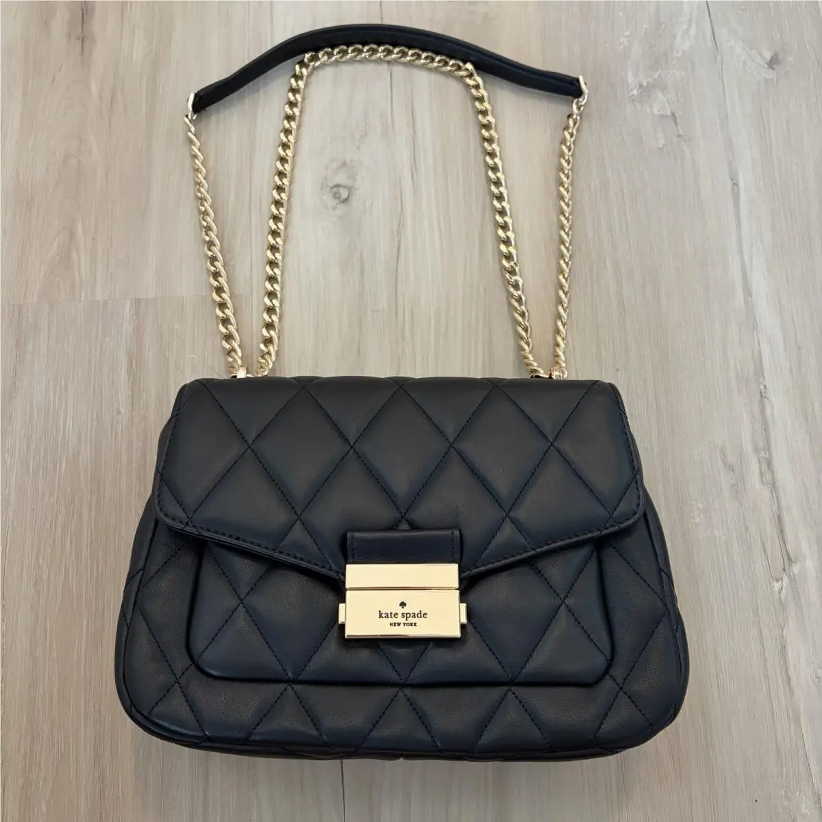 New York Black Carey Smooth Quilted Flap Bag Gold Chain Push Lock by Kate Spade