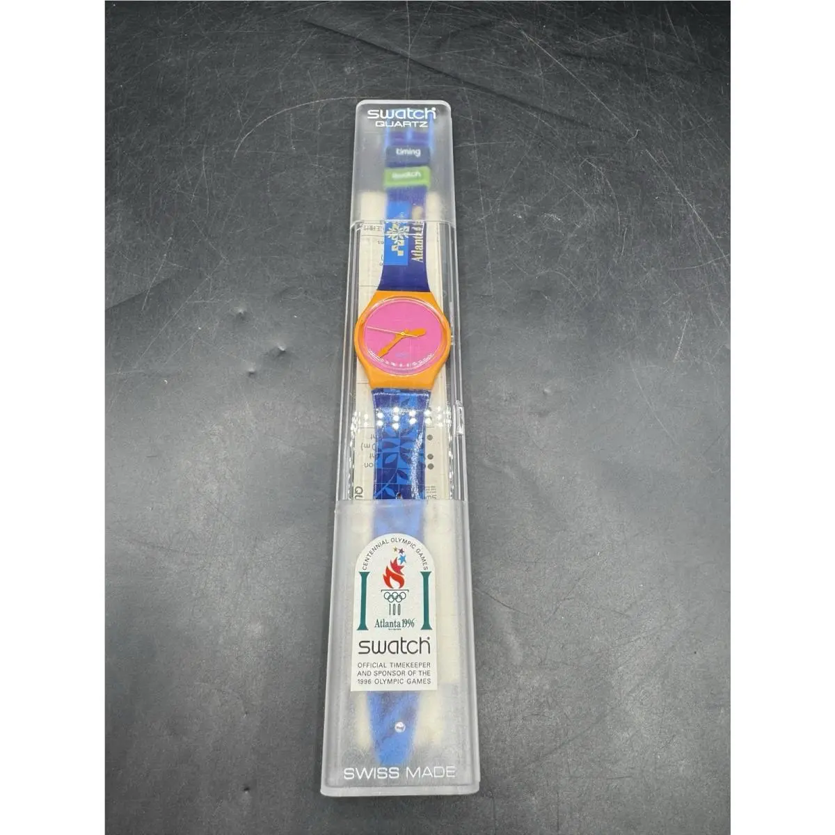 2 Swatch Atlanta 1996 Olympics Quartz 34mm Pink Blue Dial Blue Strap Box Manual
