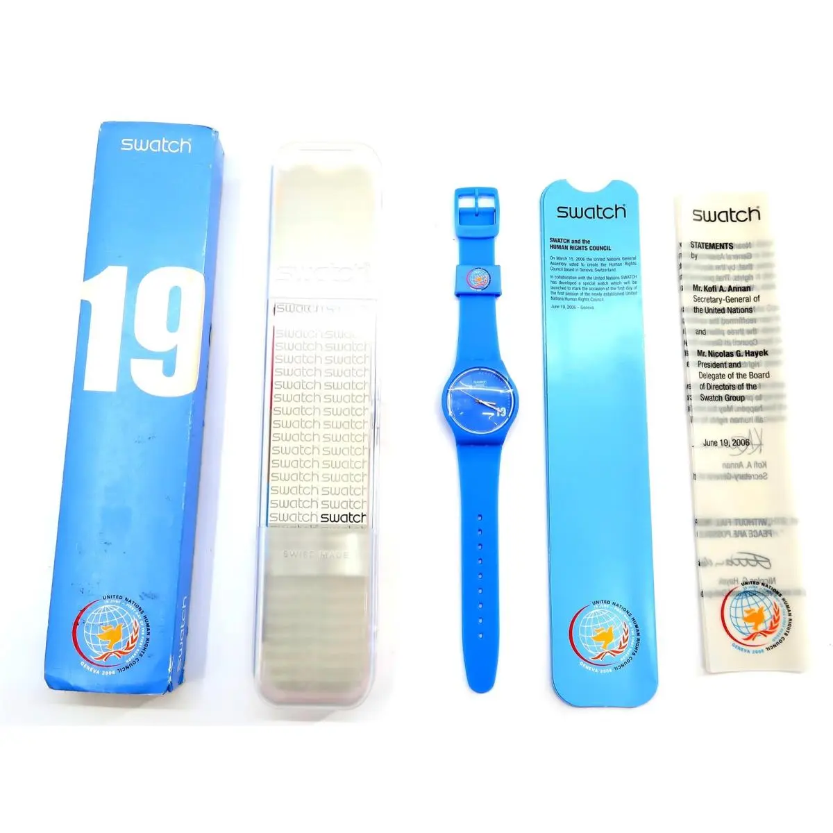 Swatch Watch Shake The World 19 SUJZ102 + Case Papers 2006 UN Human Rights