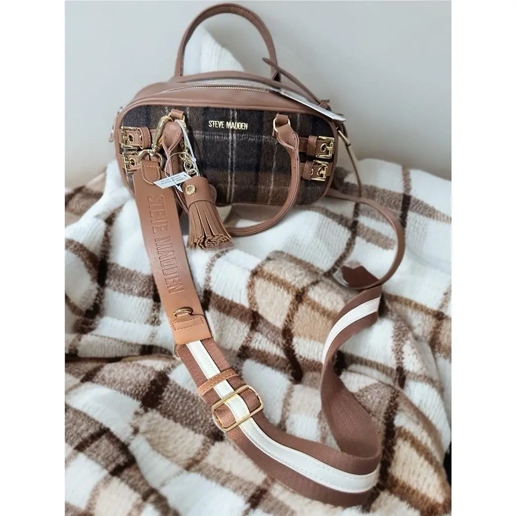 Steve Madden Brown Plaid Blennix Nutshell Crossbody Bag Tassel Dog Charm Fall