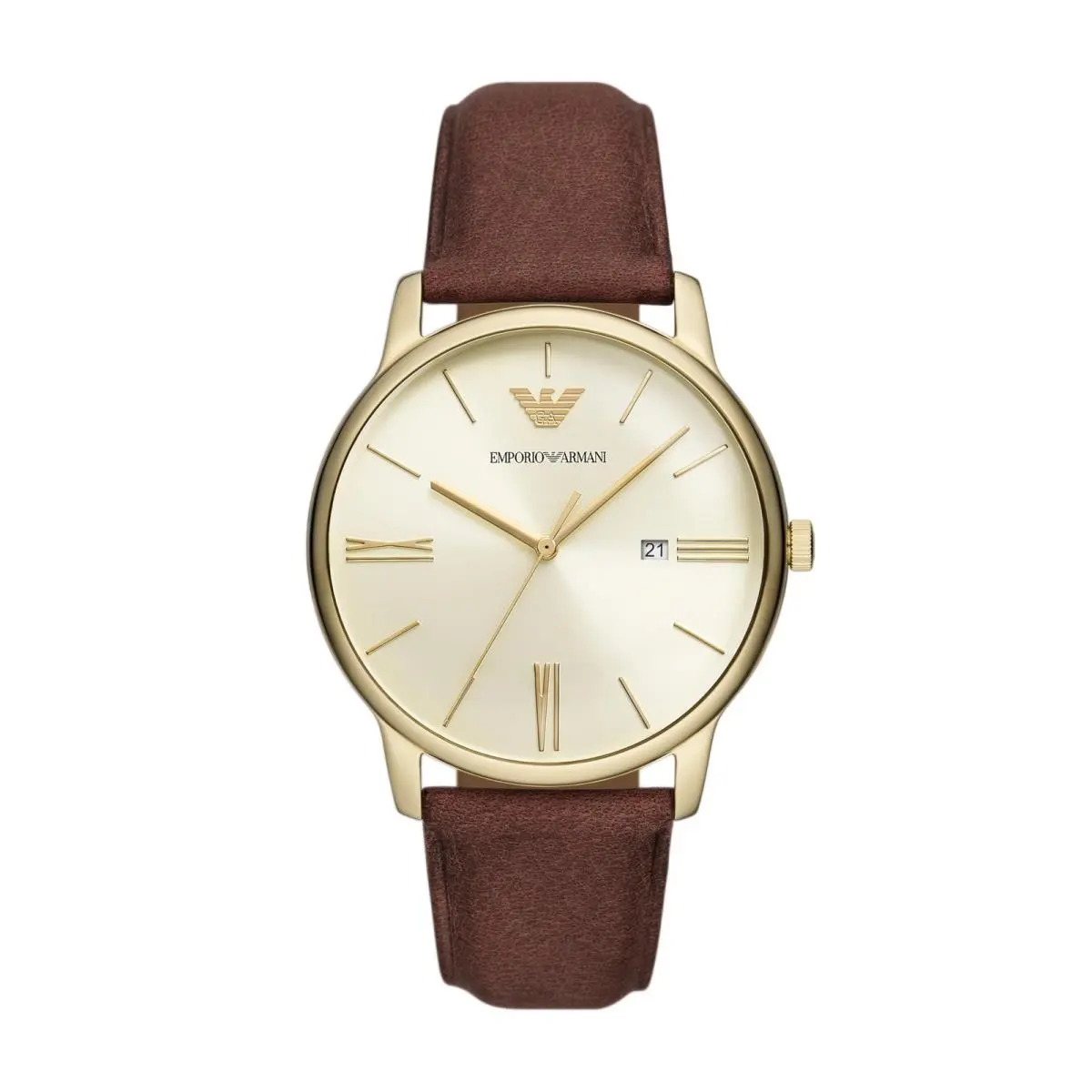 Emporio Armani Men`s Three-hand Date Gold and Brown Leather Band Watch AR11610