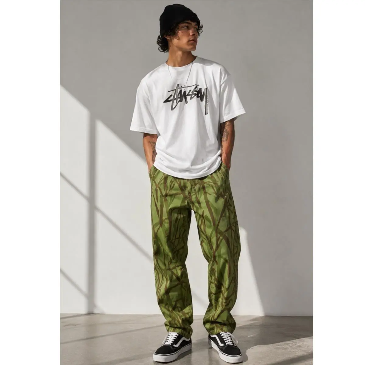 Stussy Pull Up Beach Pant Camo Men L Olive Camo Streetwear Cotton Archive