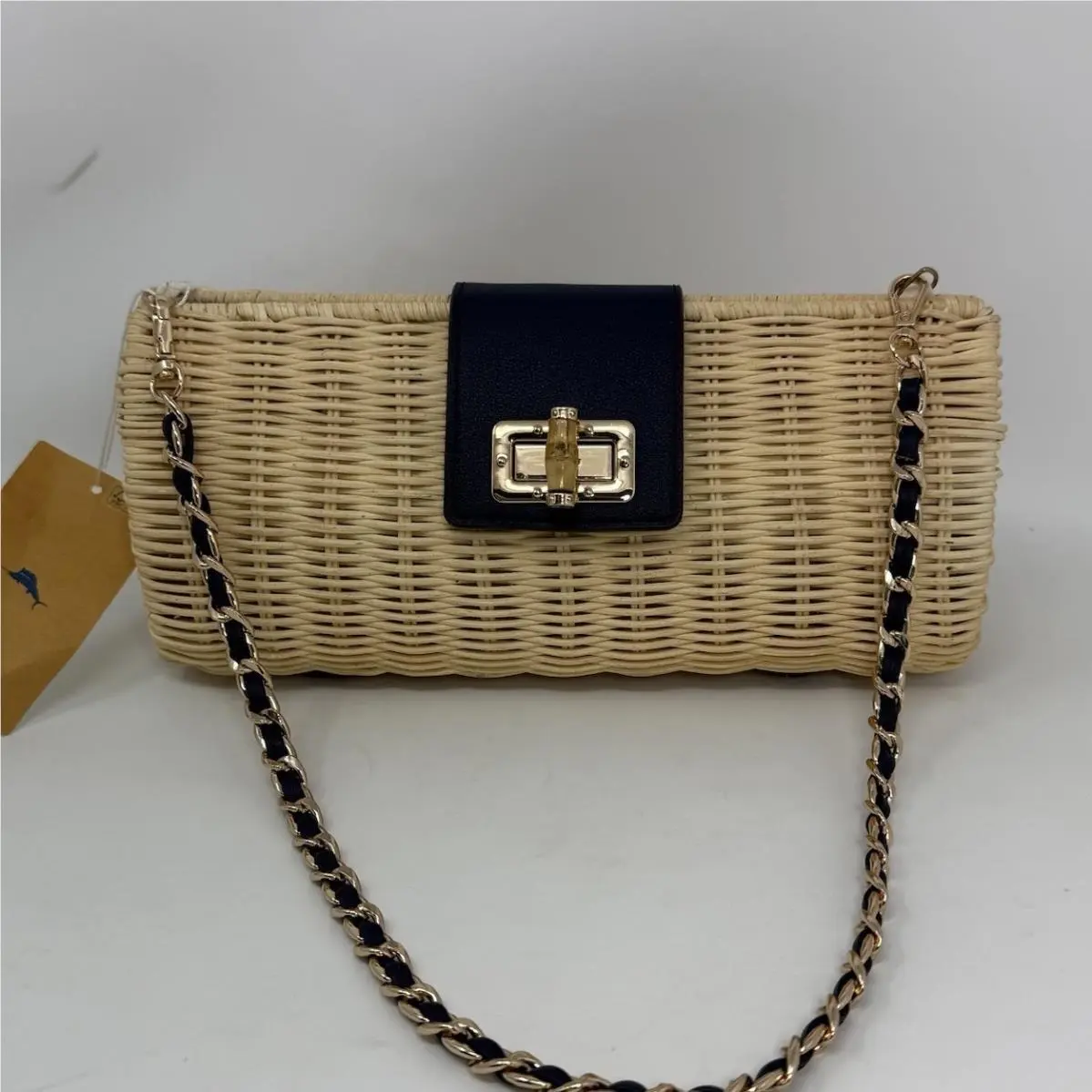 Tommy Bahama Wicker Shoulder Bag Clutch Handbag Purse Tan Navy Summer