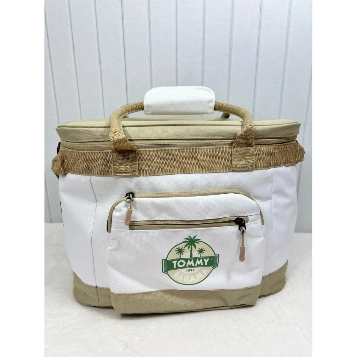 Tommy Bahama Insulated Soft Cooler Tote Bag Zip Top Shoulder Strap White Tan