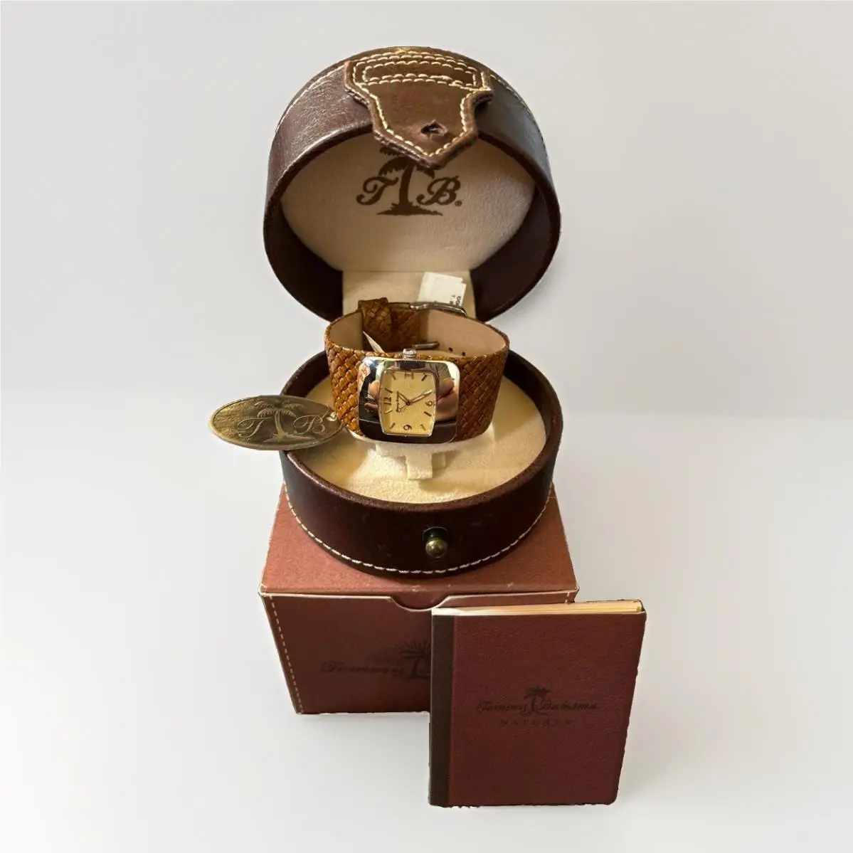 Tommy Bahama TB 2041 Ladies Wide Woven Brown Leather Band Watch Sterling Silver