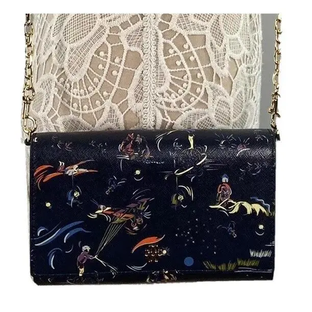 Tory Burch Daydreamer Chain Wallet Crossbody Navy Print Style 64195