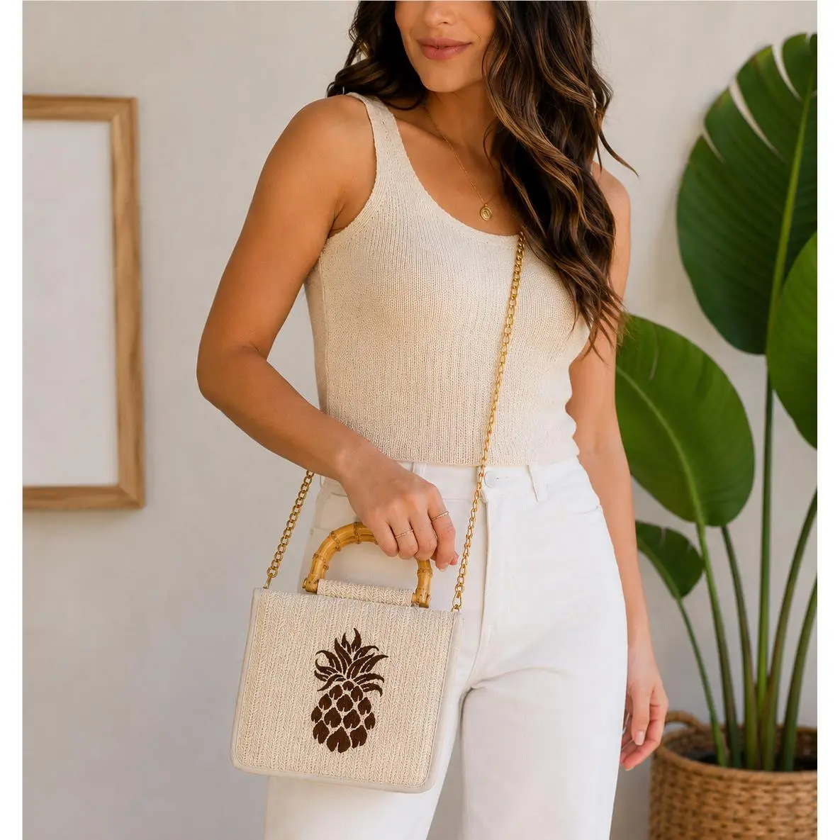 Tommy Bahama Pineapple Bamboo Handle Straw Tote Crossbody Bag Natural