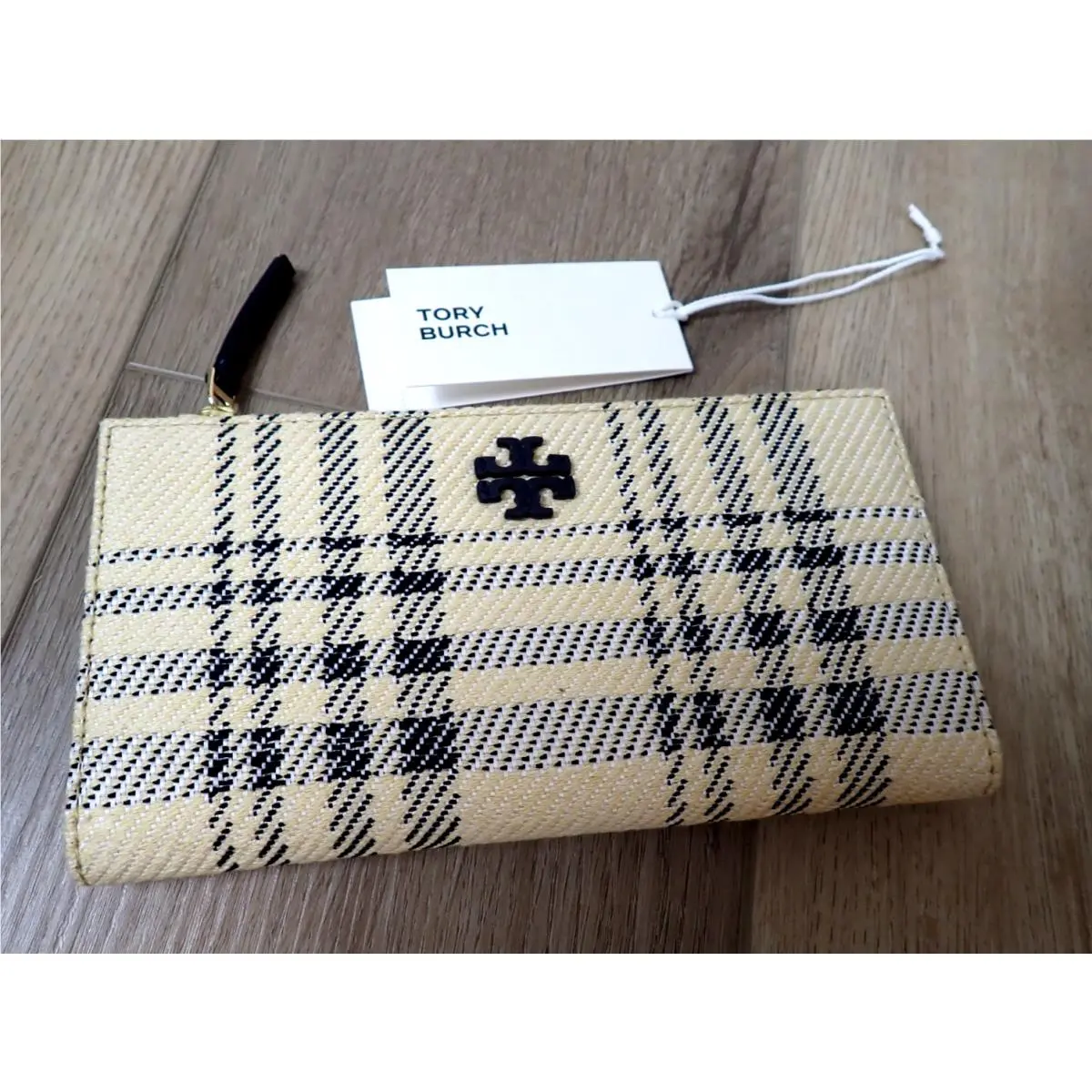 Tory Burch Blake Plaid Slim Envelope Wallet 188176 Navy Tan Purse Bag