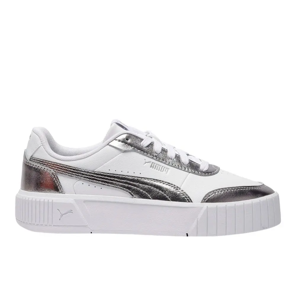 Puma Carina Mia Metallic Lace Up Womens Silver White Sneakers Casual Shoes 405