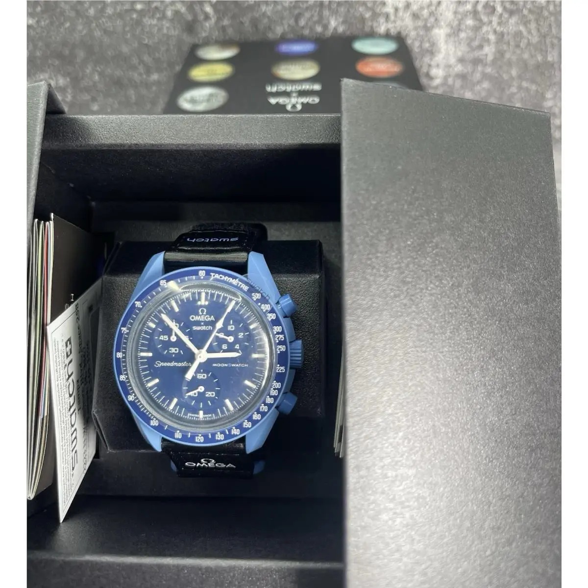 Omega x Swatch Moonswatch Mission to Neptune SO33N100 Blue Chronograph Box Paper
