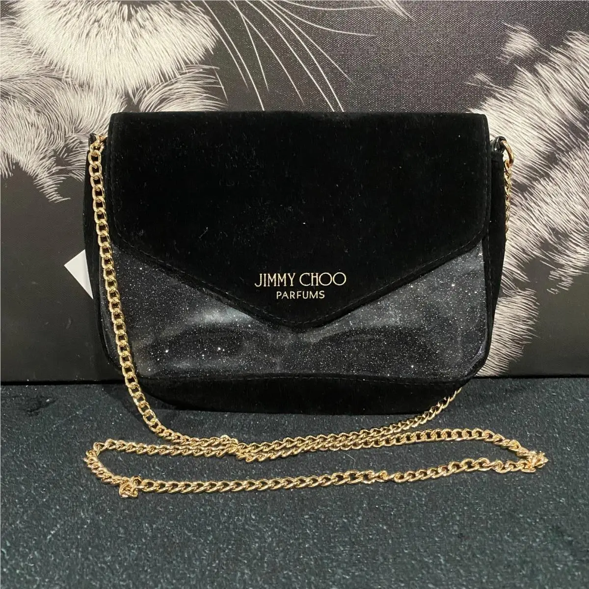 Shoulder Bag Women`s Black Velvet Glitter Crossbody Chain Strap Party by Jimmy Choo