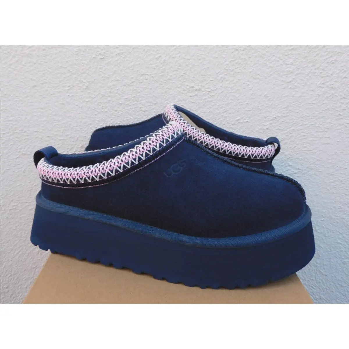 Ugg Tazz Dark Indigo Suede/ Sheepskin Platform Slippers Shoes US 7/ Eur 38