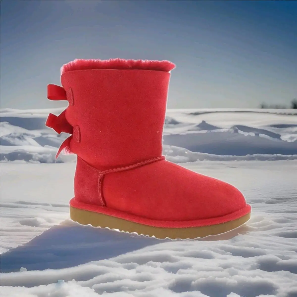 Ugg Bailey Bow II Red Ribbon Suede Fur Short Boots Little Girl Size 8