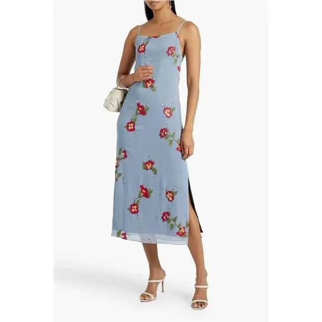 Rag Bone Baby Blue Red Floral Embroidered Side Slit Crepe Midi Dress 0 = XS