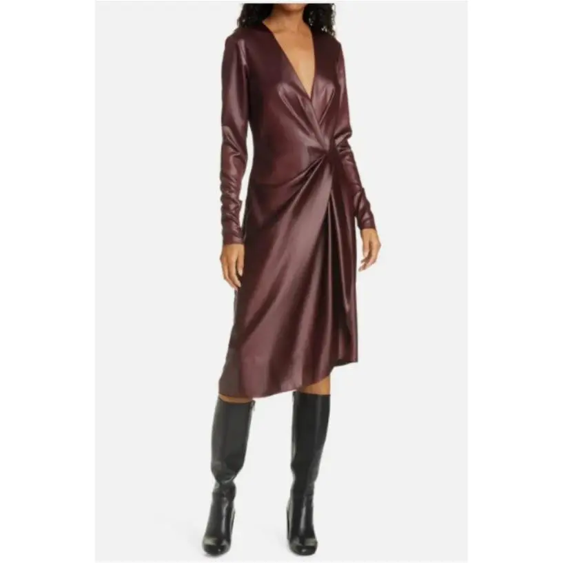 Rag Bone Burgundy V-neck Vegan Leather Pleated Ruched Dress 2 US = XS