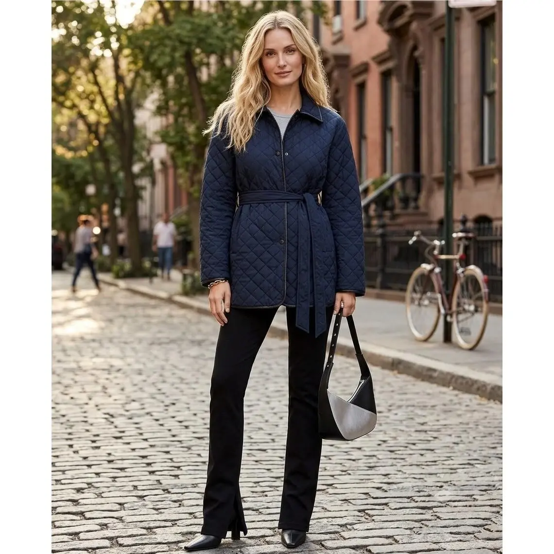 Rag Bone Kelly Short Quilted Jacket Navy Blue Leather Trim RA4N25F0MFL S