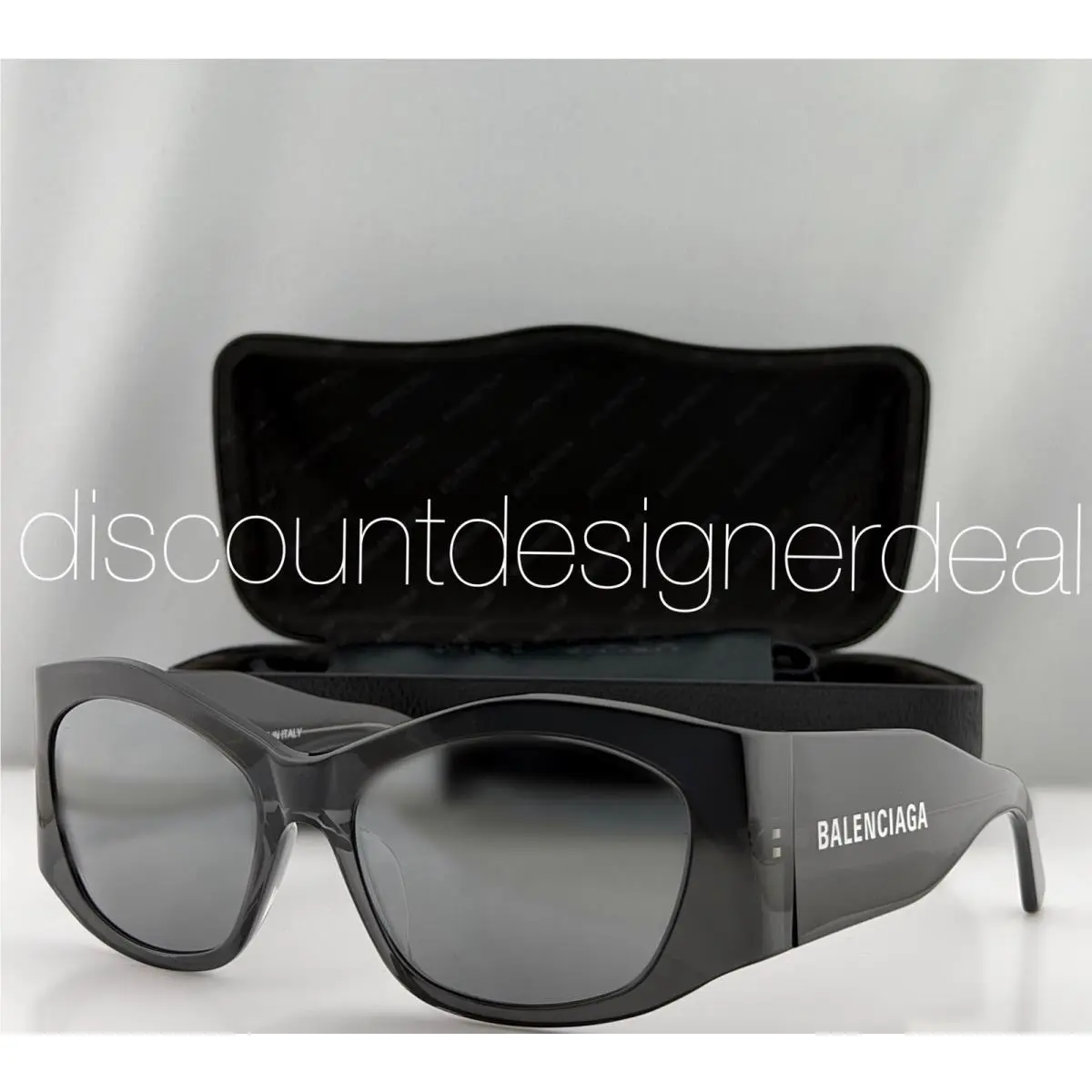 Balenciaga BB0329S 003 Transparent Grey Silver Mirror Square Sunglasses 56mm