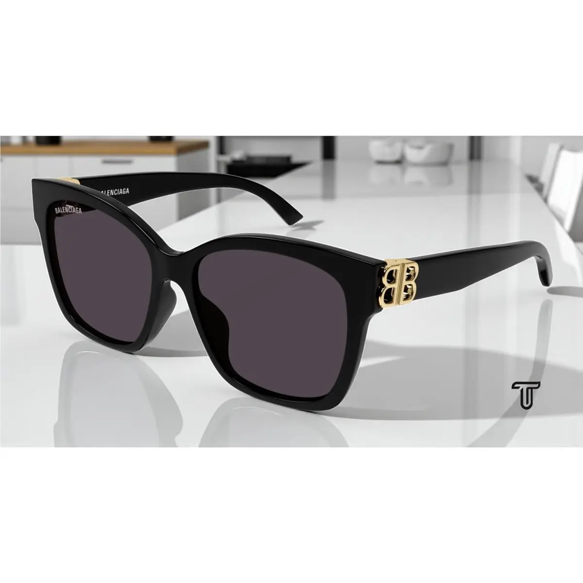Balenciaga BB0102SA 001 Cat Eye Acetate Black Gold Grey 57 mm Women`s Sunglasses