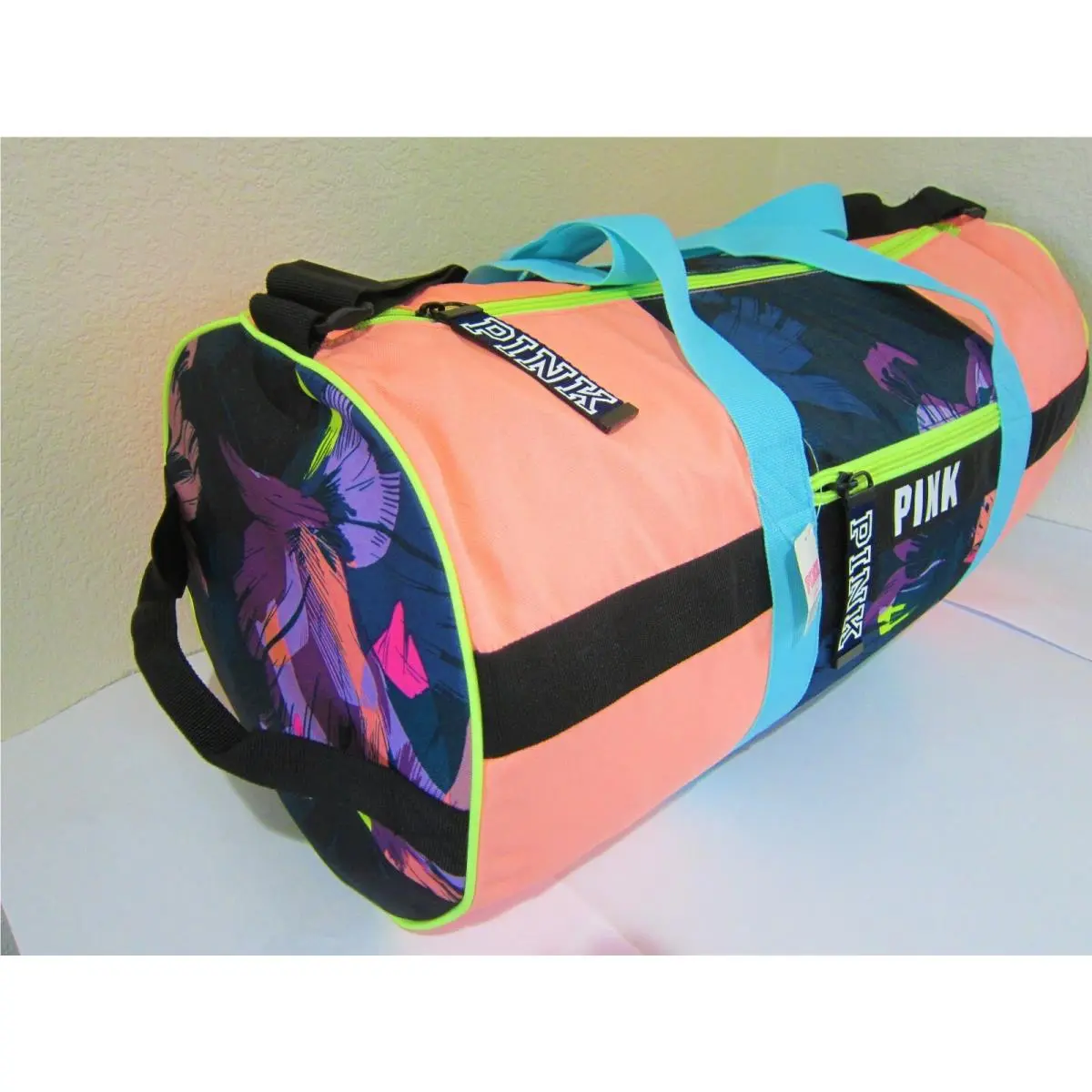 Victoria's Secret  bag   - Neon Lime Blue rainbow Colorblock Palm Fern set, Exterior: see description 15