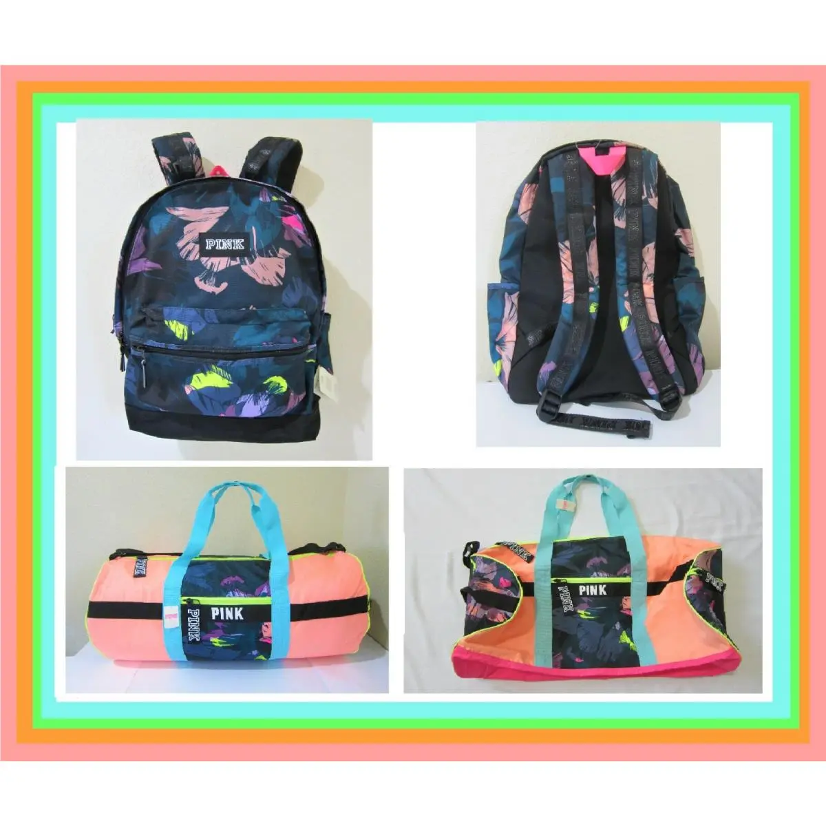 Victoria's Secret  bag   - Neon Lime Blue rainbow Colorblock Palm Fern set, Exterior: see description 11