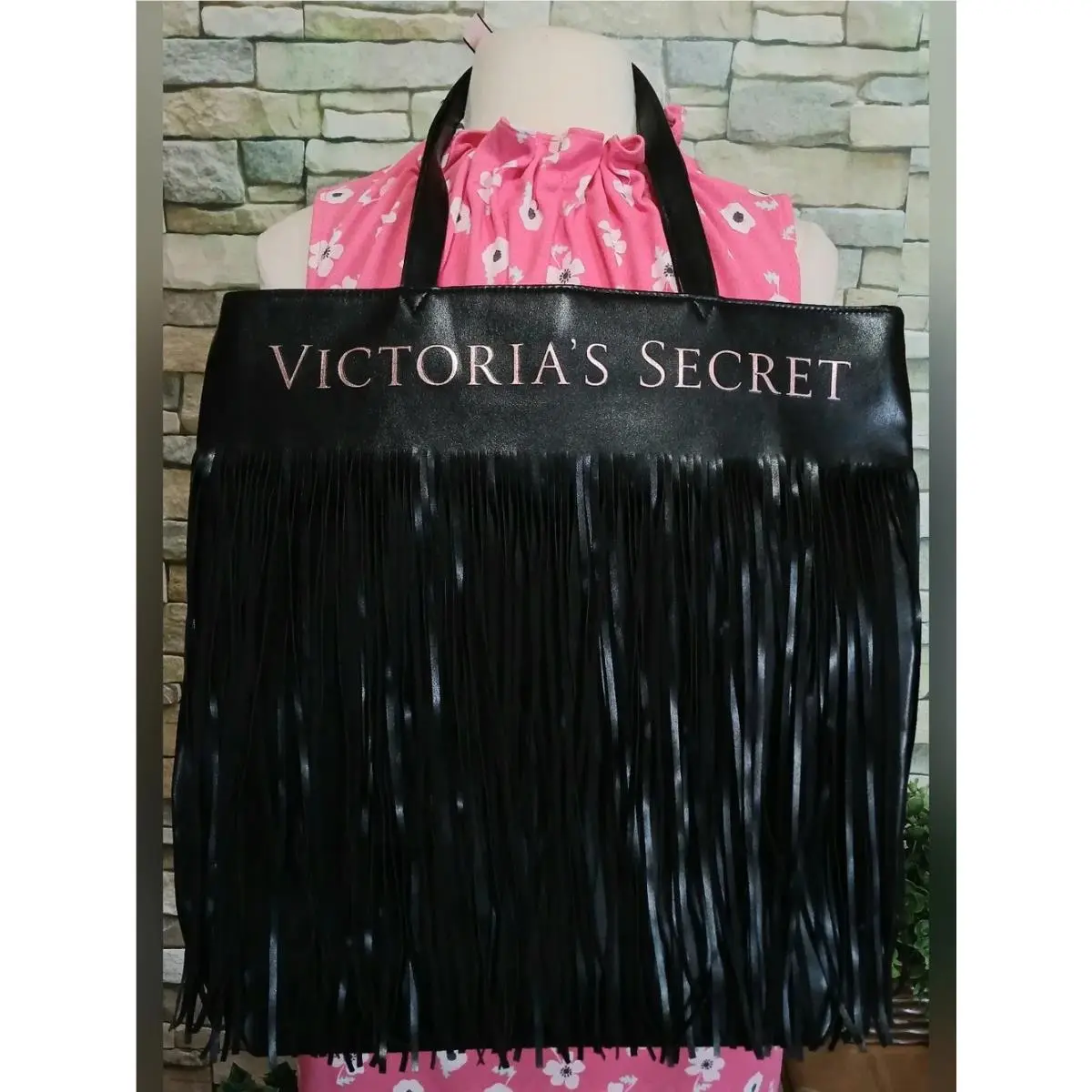 Victoria`s Secret Limited Ed. Black Leather Tote Bag Purse with Fringe Travel by Victoria's Secret