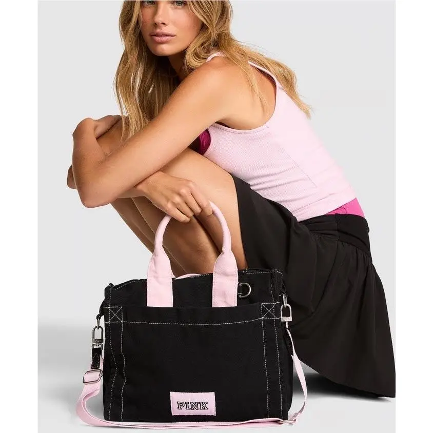Victoria`s Secret Pink 13 x 11 Mini Crossbody Canvas Bag Tote Black Pink by Victoria's Secret