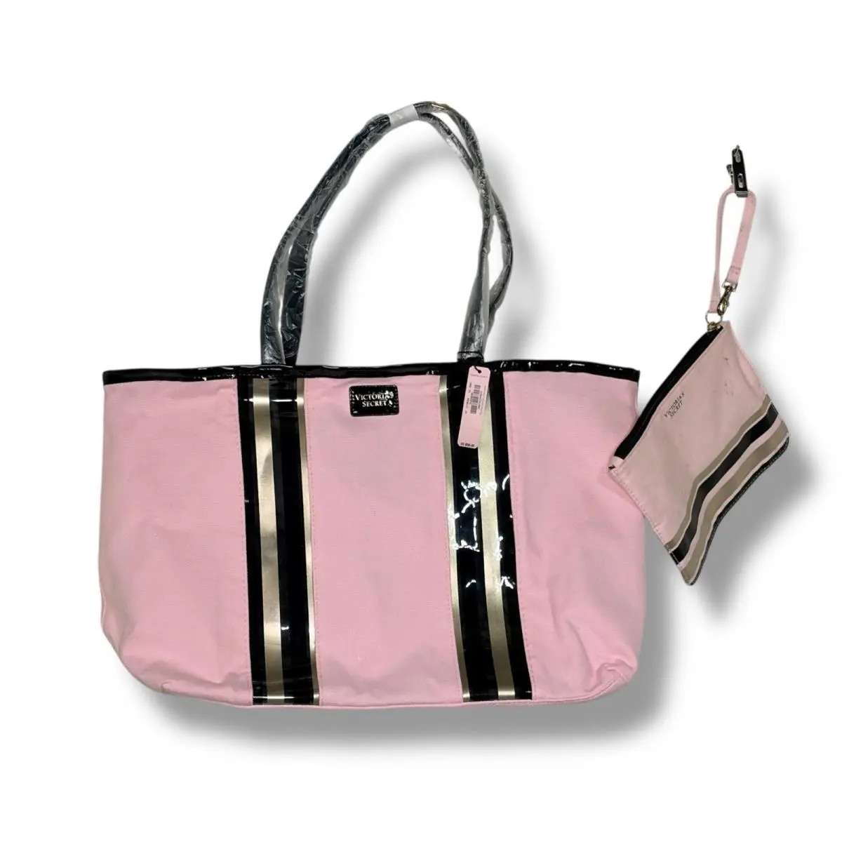 Victoria`s Secret Tote Bag OS Pink Black Gold Striped Canvas Travel Wristlet Set