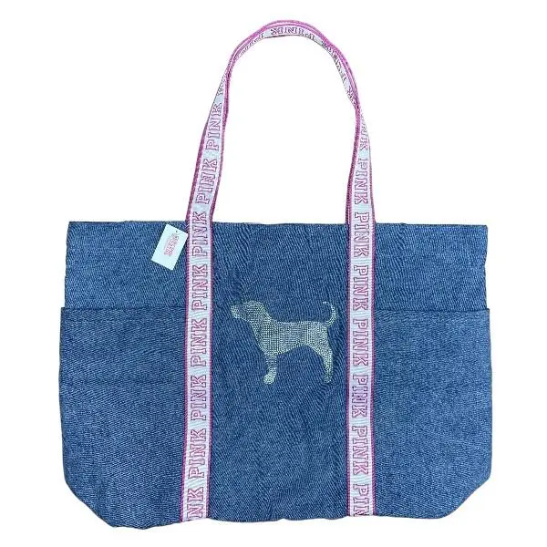Victoria`s Secret Pink Denim Tote Rhinestone Dog Logo Weekender Gym Beach Bag by Victoria's Secret