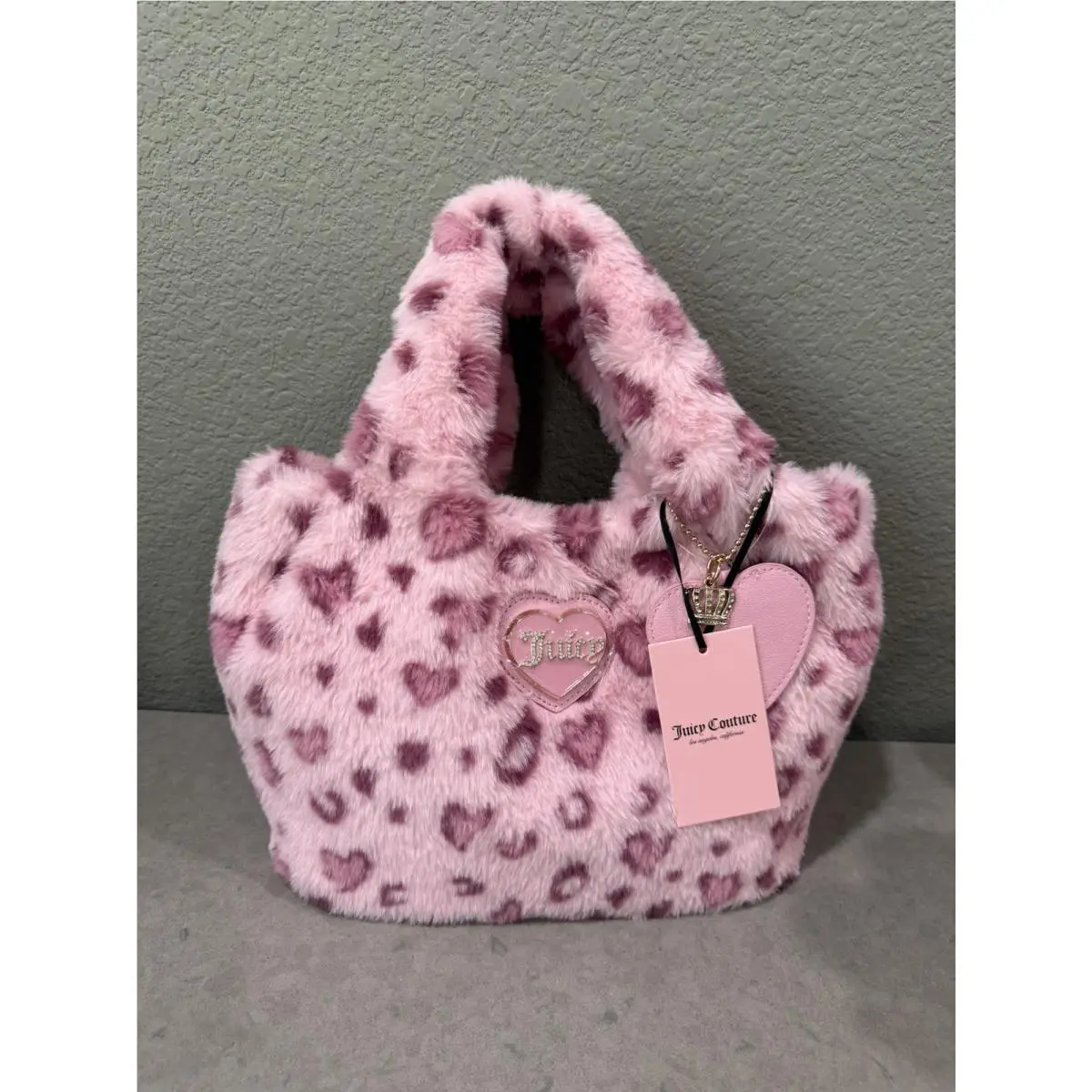 Juicy Couture Pink Fur Heart Print Tote Bag Purse Y2K