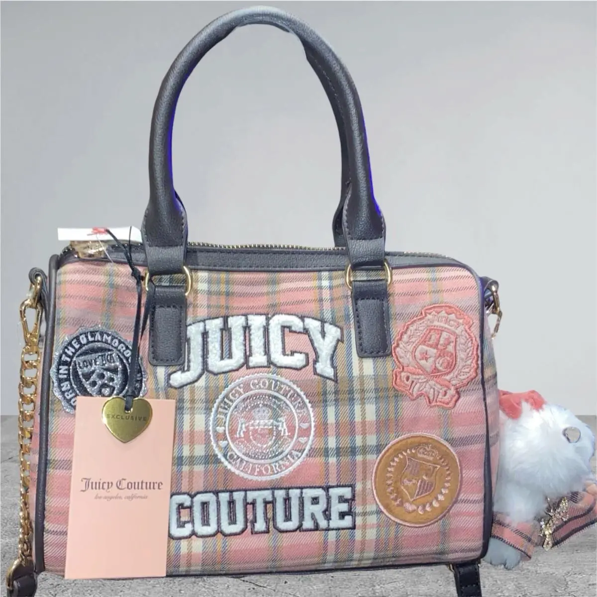 Juicy Couture Varsity Blush Pink Plaid Barrel Satchel Bag Scottie Charm