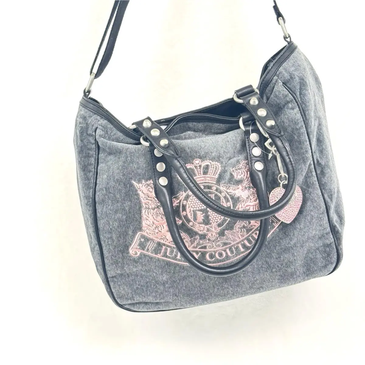 Juicy Couture Gray Pink Velour Tote Bag Scotty Dog Heart Charm Y2K Style
