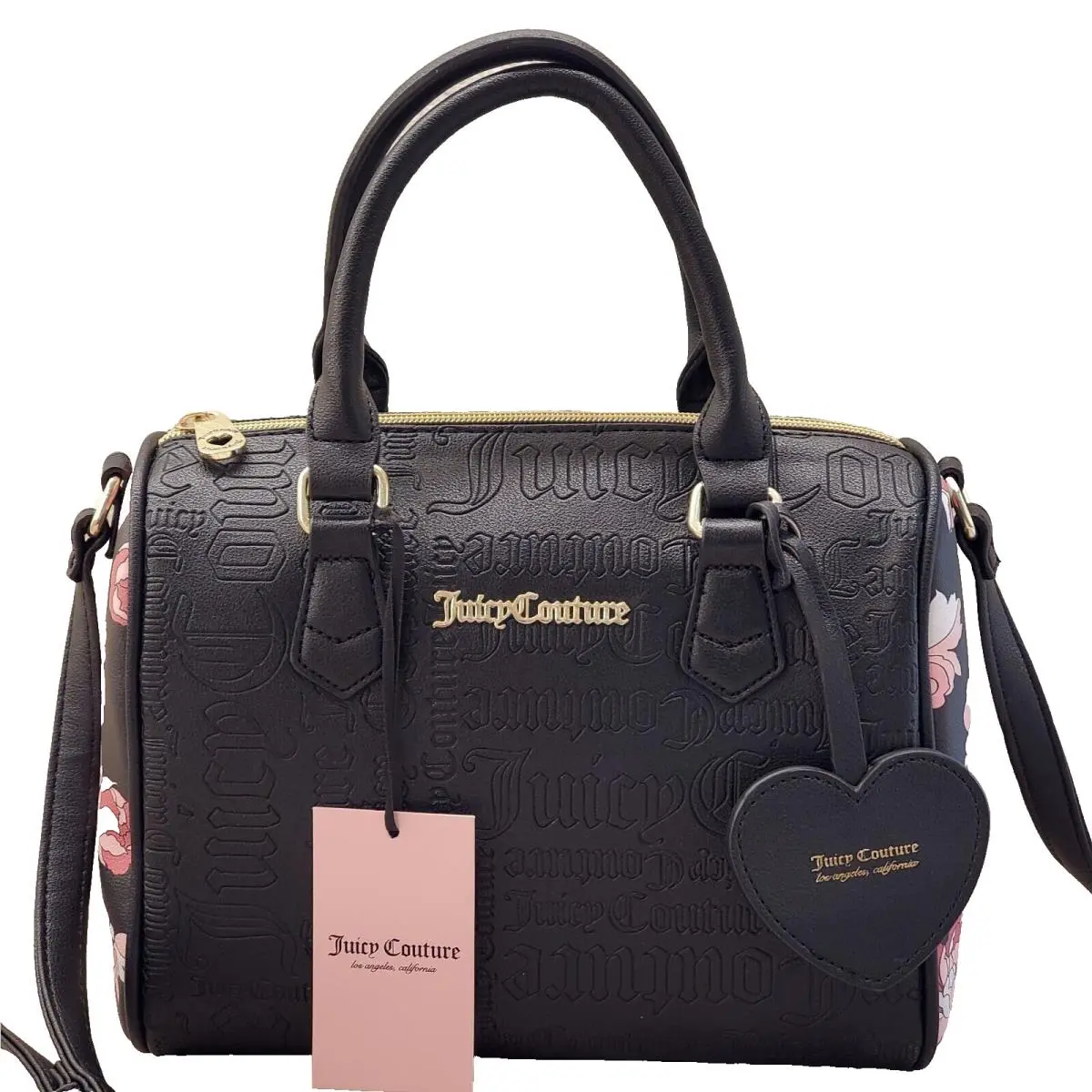 Juicy Couture Black Speedy Satchel Top Handle Crossbody Floral Debossed Logo