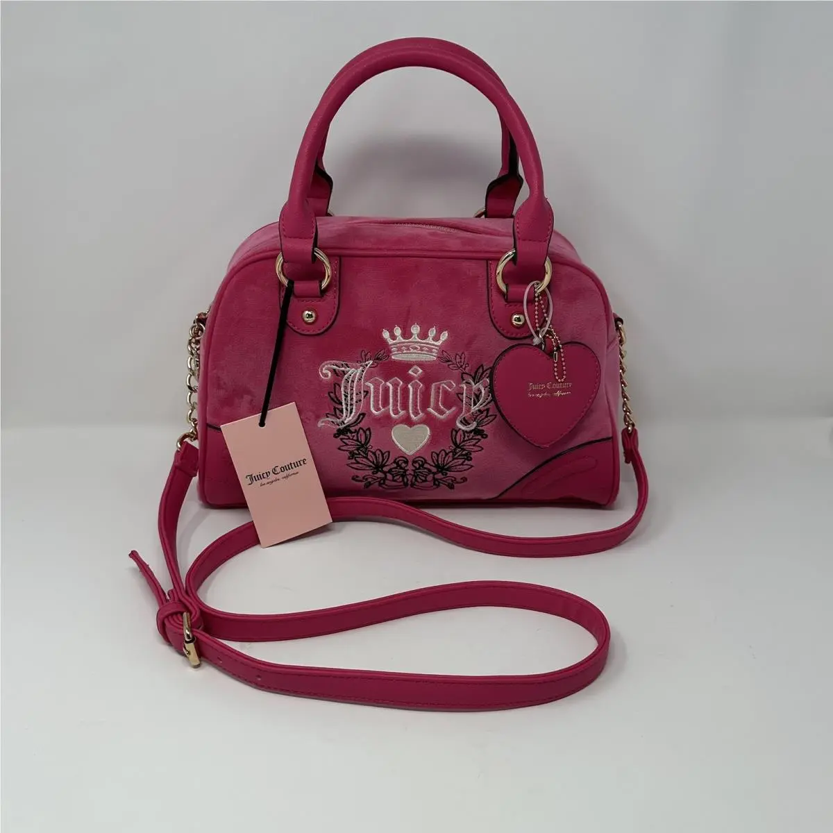 Juicy Couture Free Love Heritage Bowler Bag Hot Pink Velvet Satchel Purse