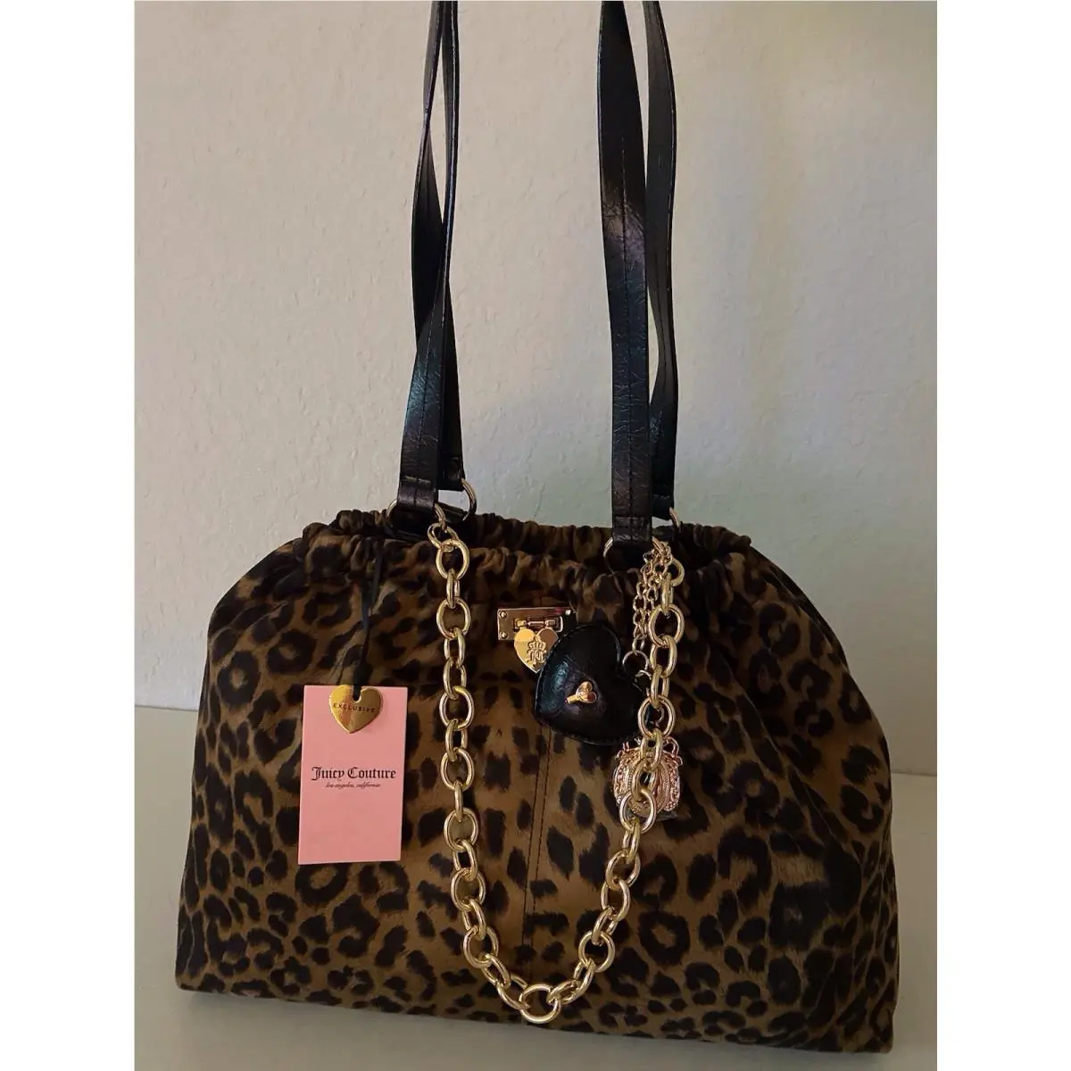 Juicy Couture Fashionable Juicy Tote Bag In Natural Leopard W/chain Charm Viral