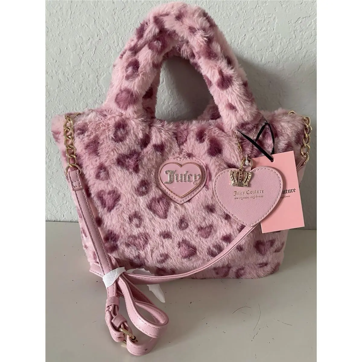 Juicy Couture Warm Up Mini Tote Bag W/heart Charm Heart Leopard Pink On Pink