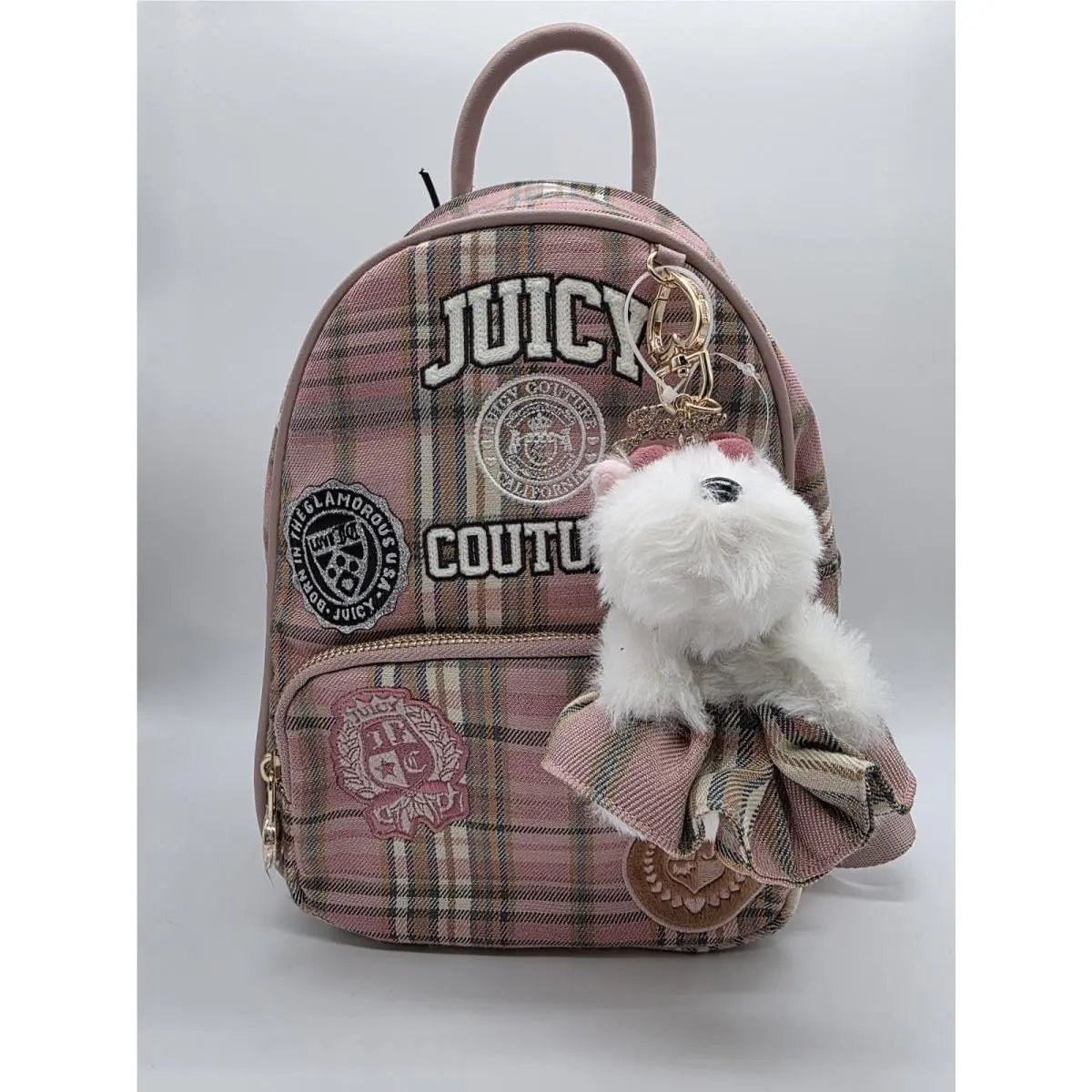Varsity Blush Plaid Mini Backpack with Plush Charm by Juicy Couture