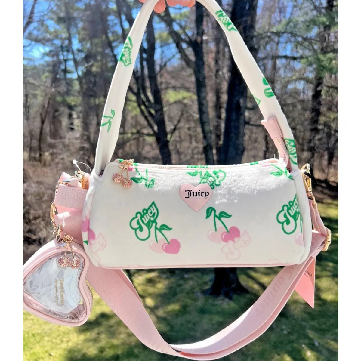 Juicy Couture Velour Retro Cherry Juicy Shoulder Bag Cream/pink Multi
