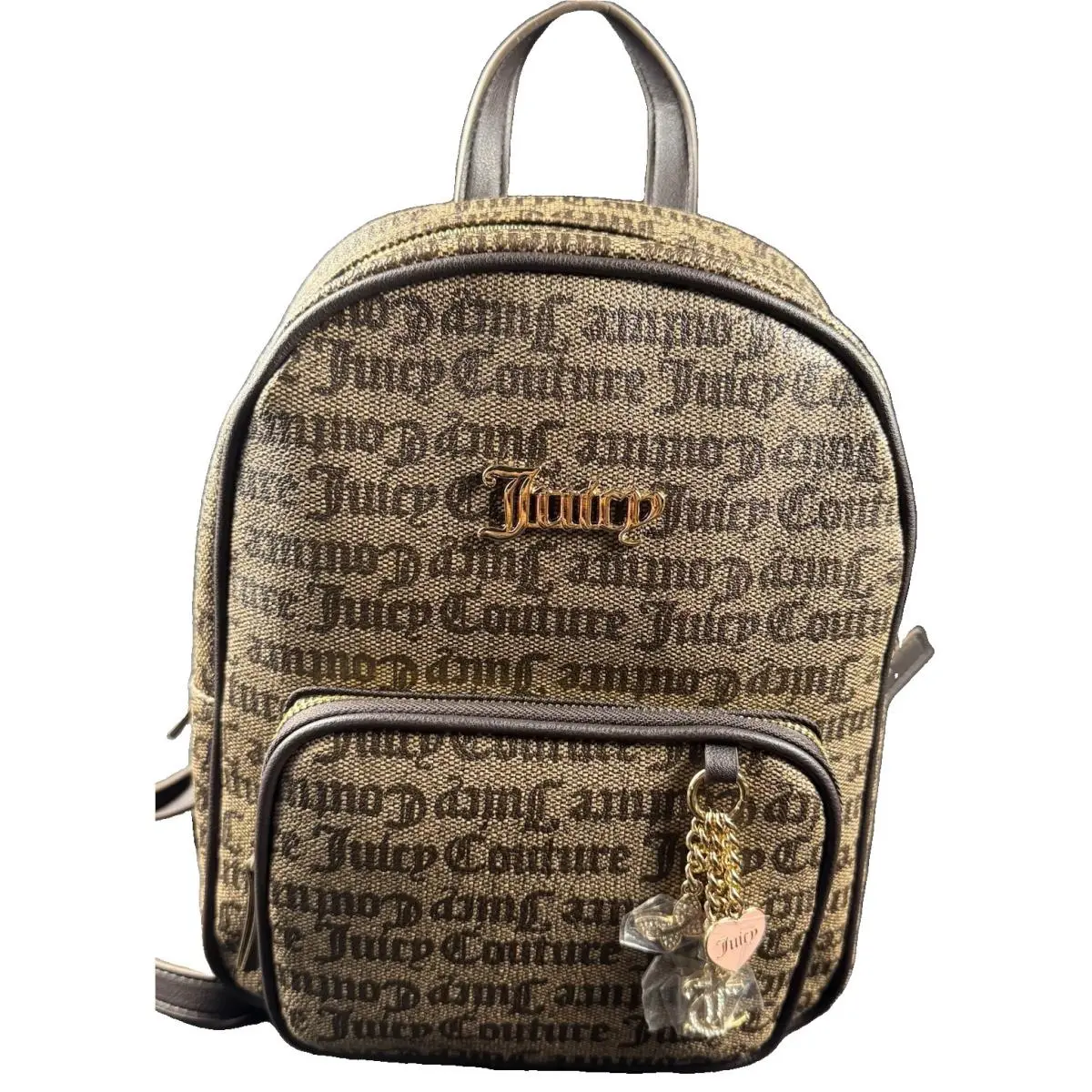 Juicy Couture Mini Backpack Brown Tan Logo Print Backpack Purse Gold Charms
