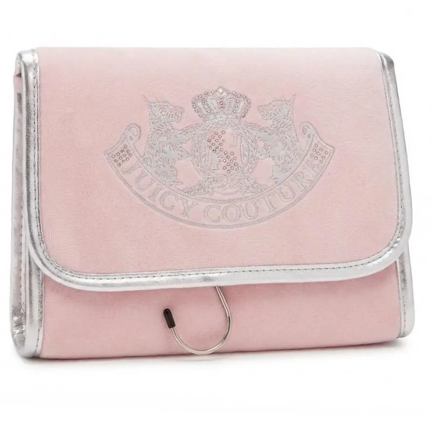 Juicy Couture Pink Velour Hanging Travel Cosmetic Bag Organizer Silver Trim