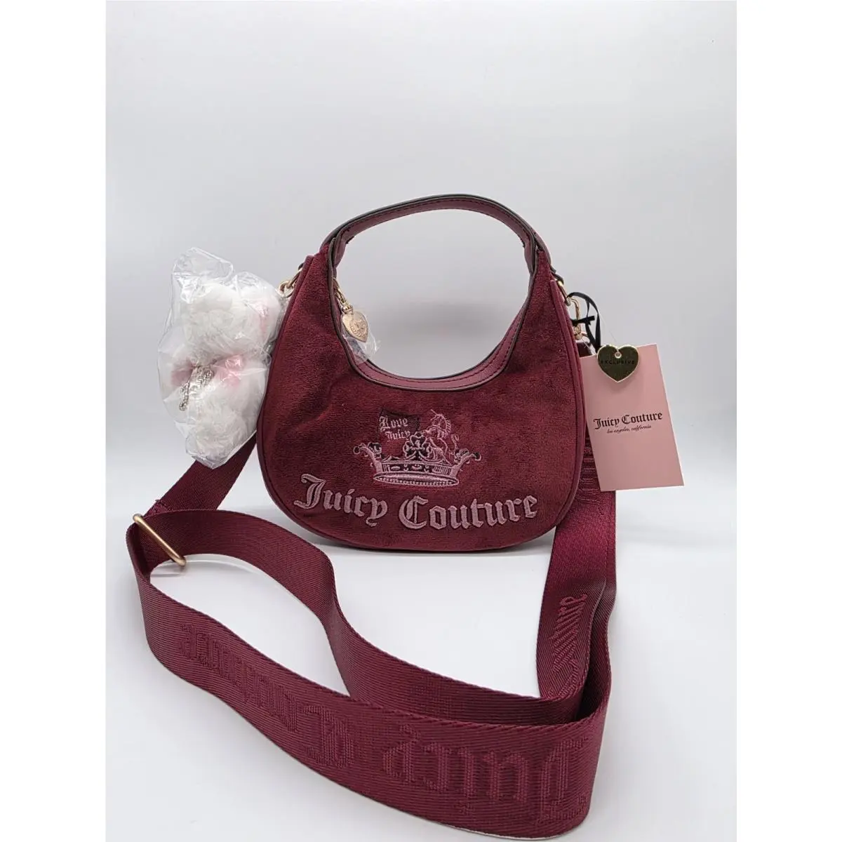 Juicy Couture Cranberry Velour Classic Scottie Dog Hobo Shoulder Bag Purse