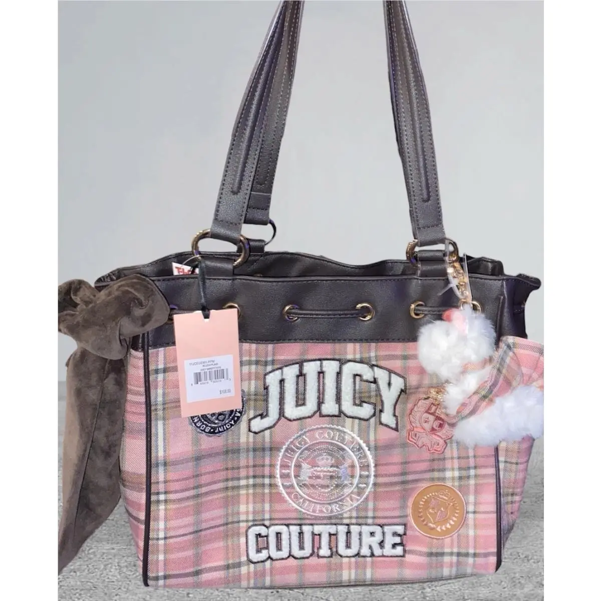 Juicy Couture Varsity Plaid Pink Brown Daydreamer Tote Scottie Dog Charm