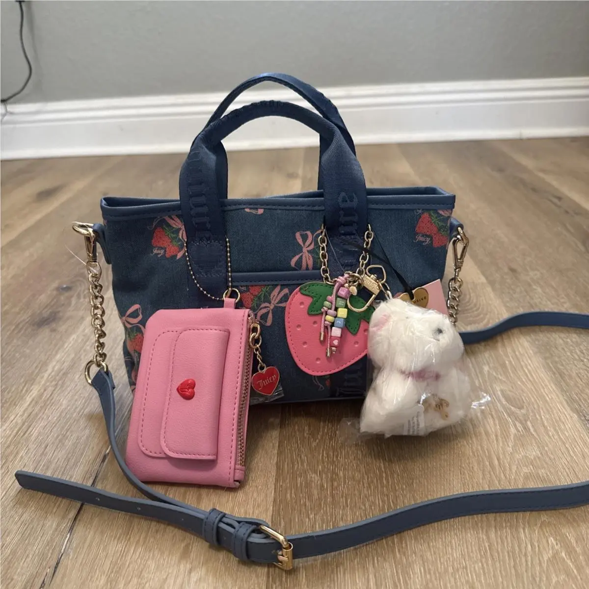 Juicy Couture Strawberry and Bows Festival Mini Bag Teddy Bear Denim Viral