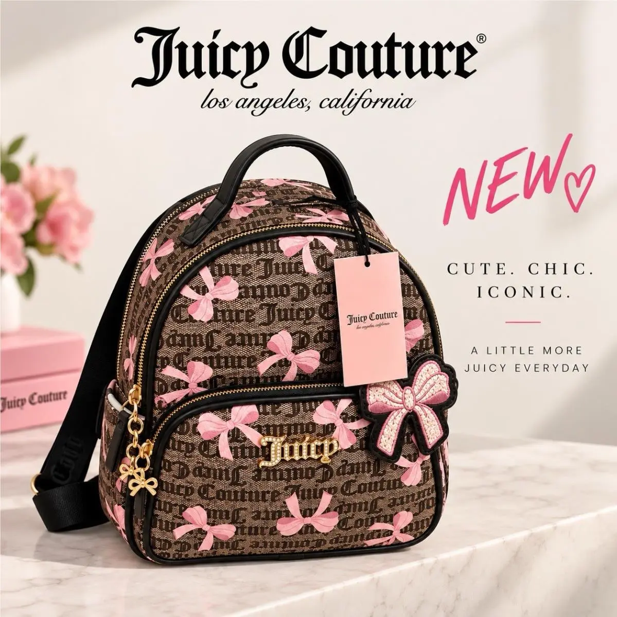 Juicy Couture Simply Sweet Backpack Brown Pink Bow Logo Y2K