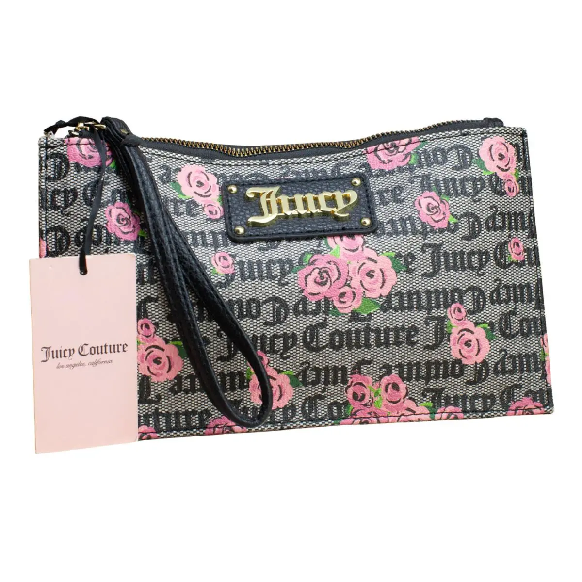 Juicy Couture Forget Me Not Wristlet Y2K Floral Logo Print Clutch Pink Rose