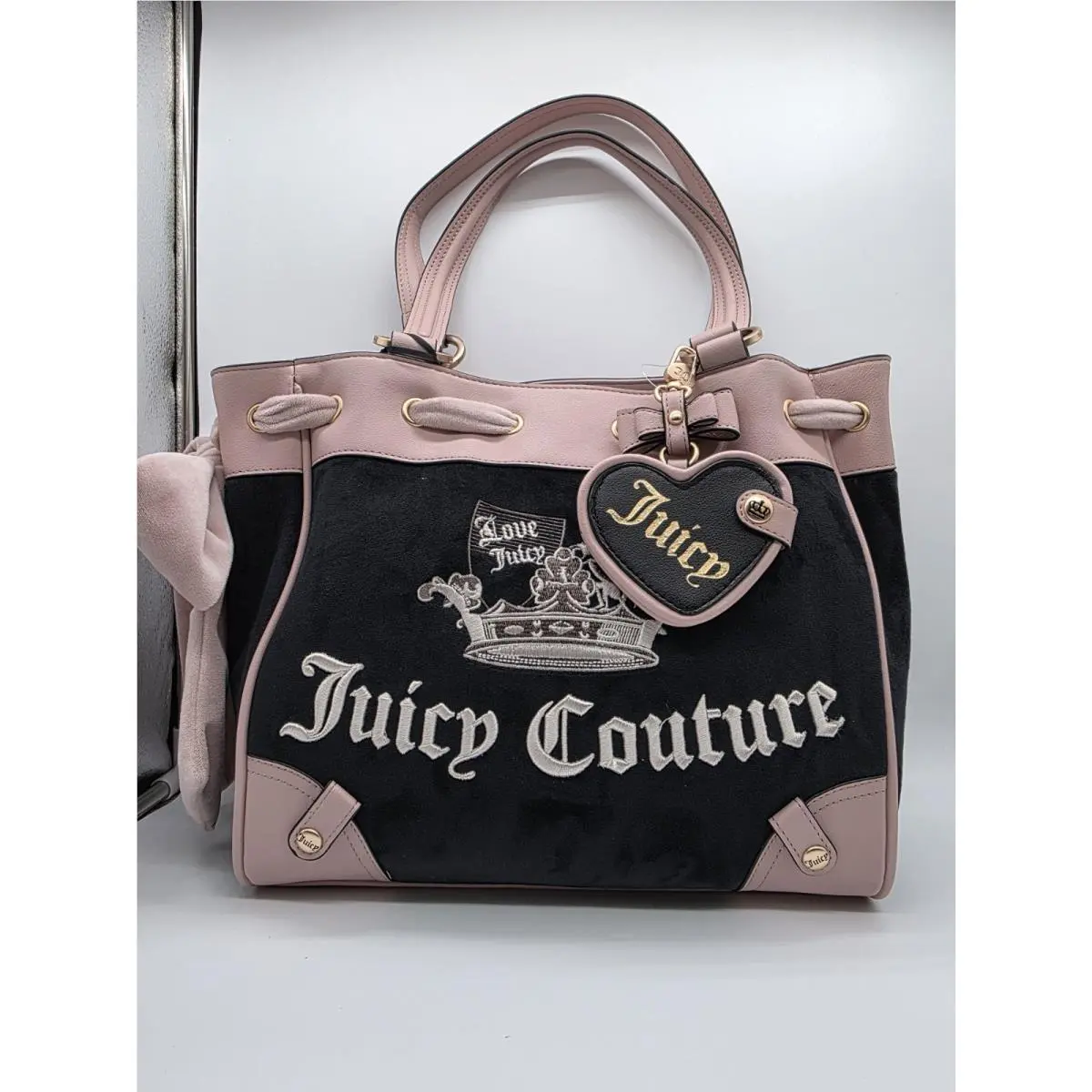 Juicy Couture Liquorice Velour Tote Shoulder Bag Bow Heart Charm Crown Logo